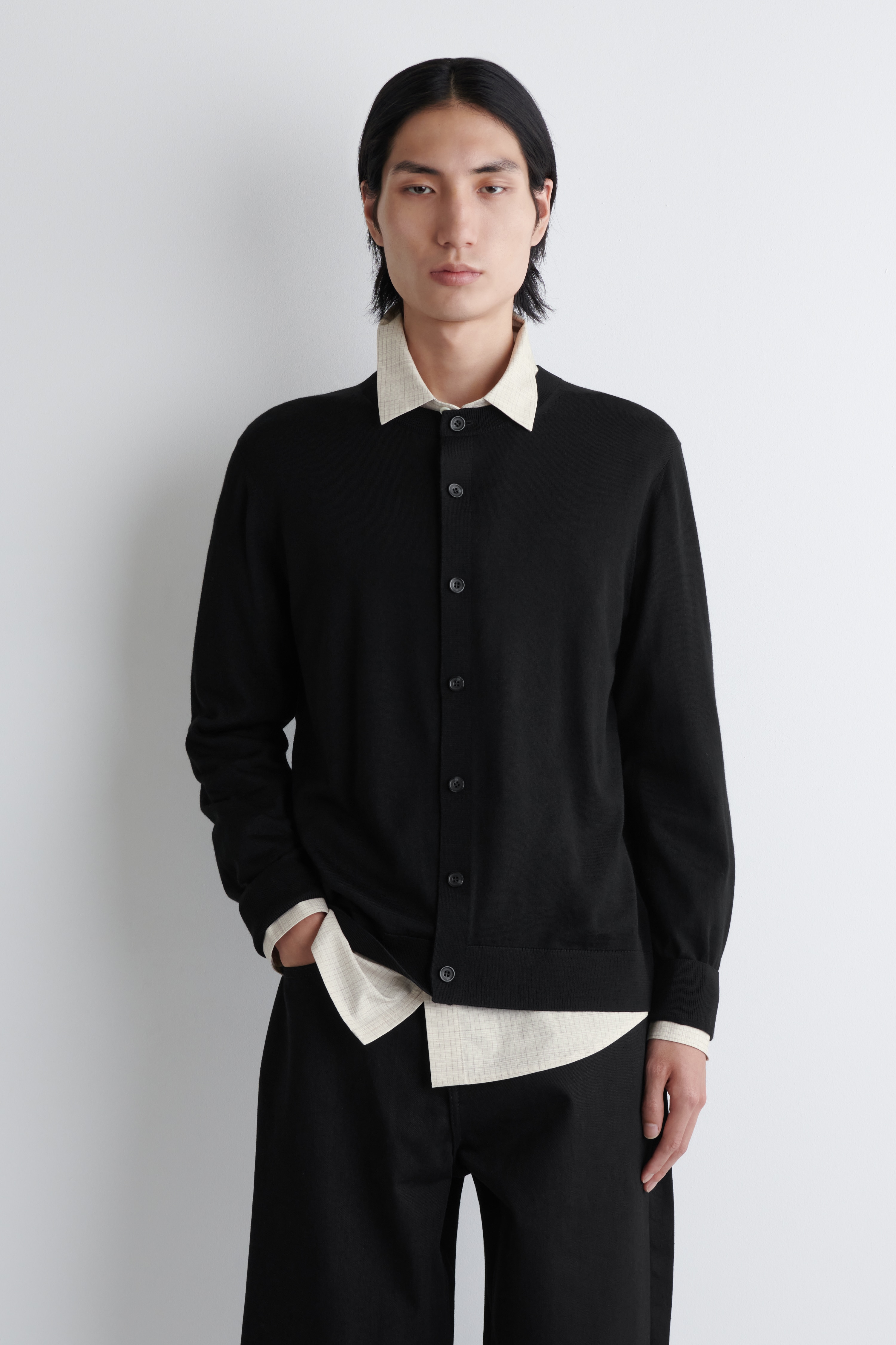 MERINO WOOL CREW-NECK CARDIGAN - BLACK/GREY MÉLANGE