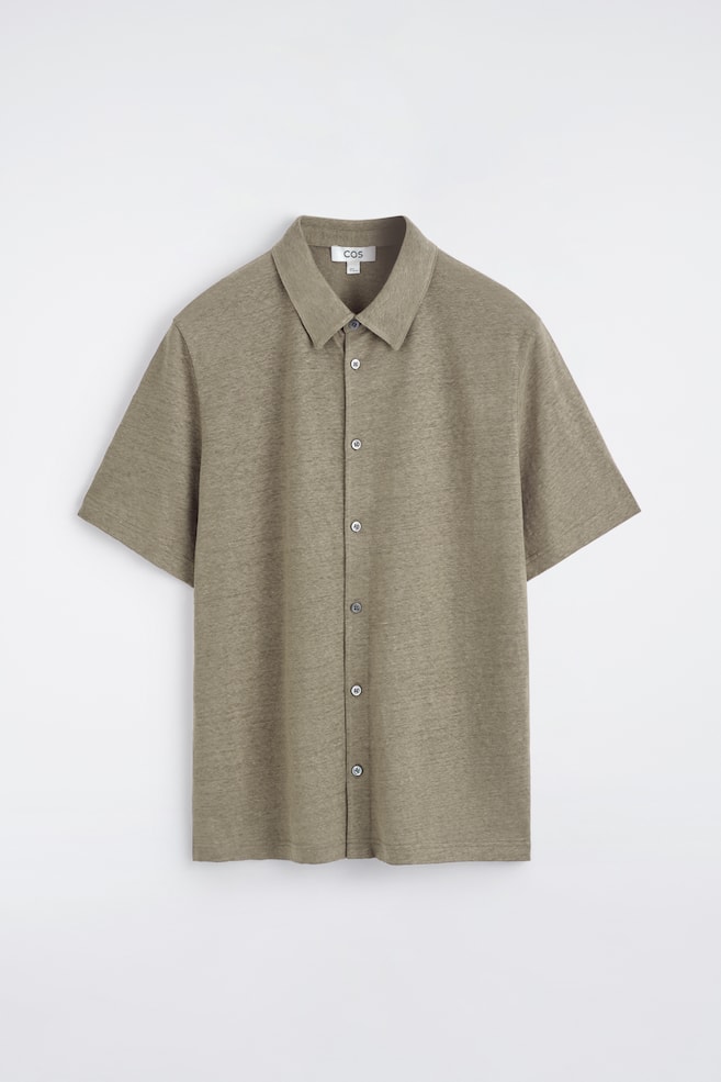 CAMICIA A MANICHE CORTE IN JERSEY DI LINO - MARRONE MÉLANGE - 1