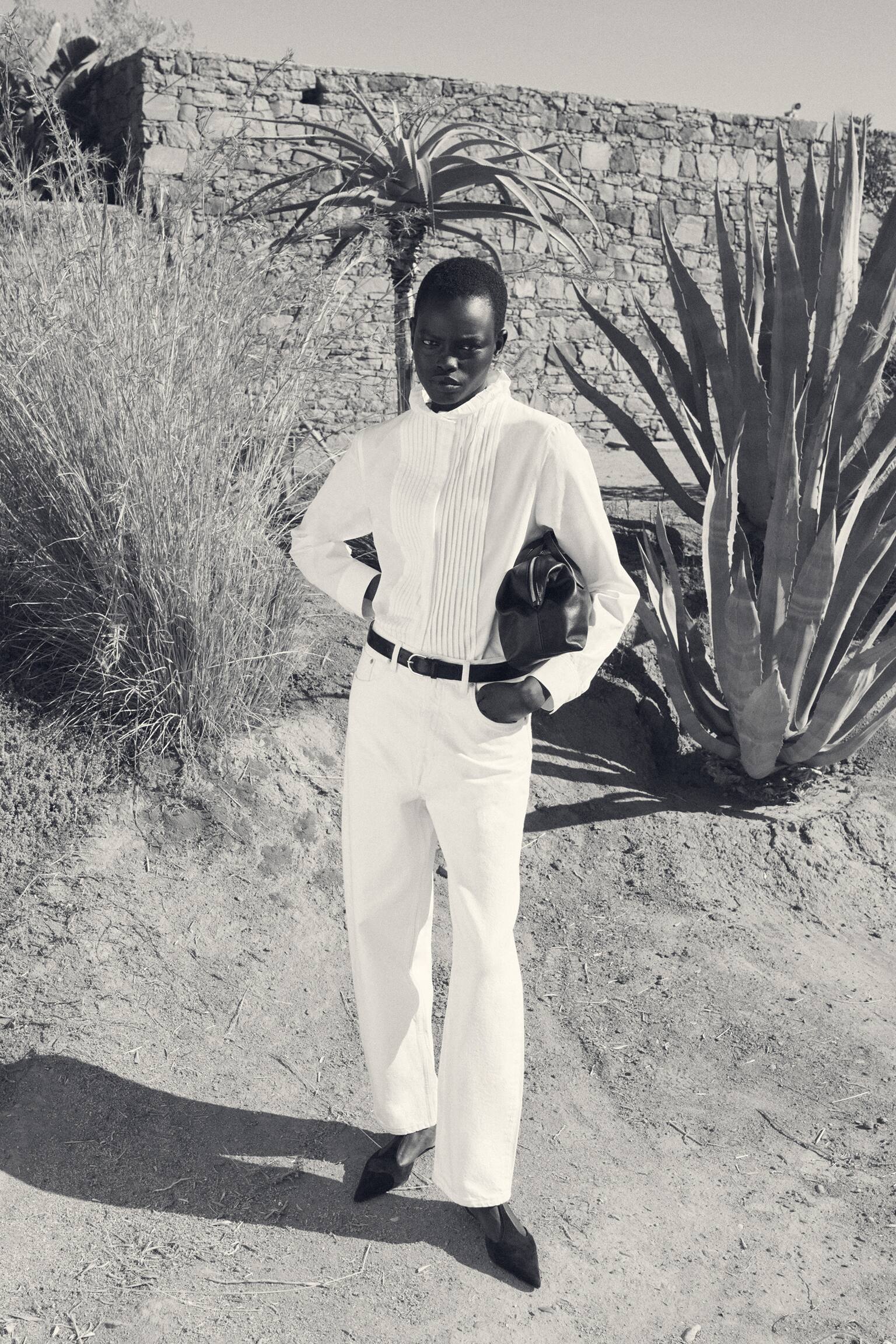 BLUSA IN COTONE CON PIEGHE - BIANCO/MARRONE - 6