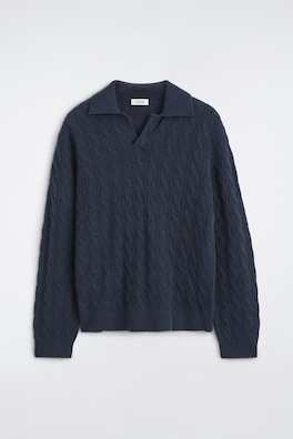 CABLE-KNIT PURE CASHMERE POLO SWEATER — NAVY 11