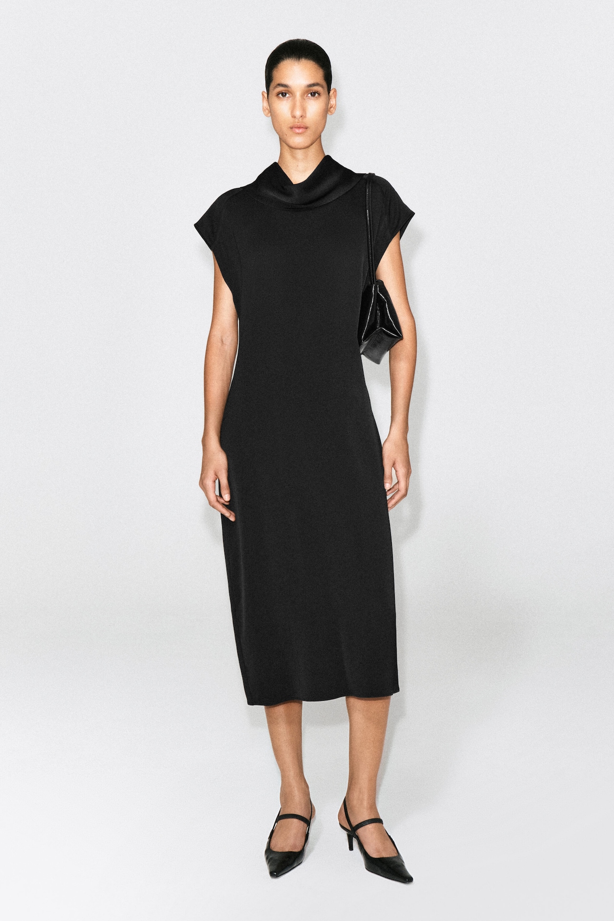 COWL-NECK CREPE MIDI DRESS — BLACK