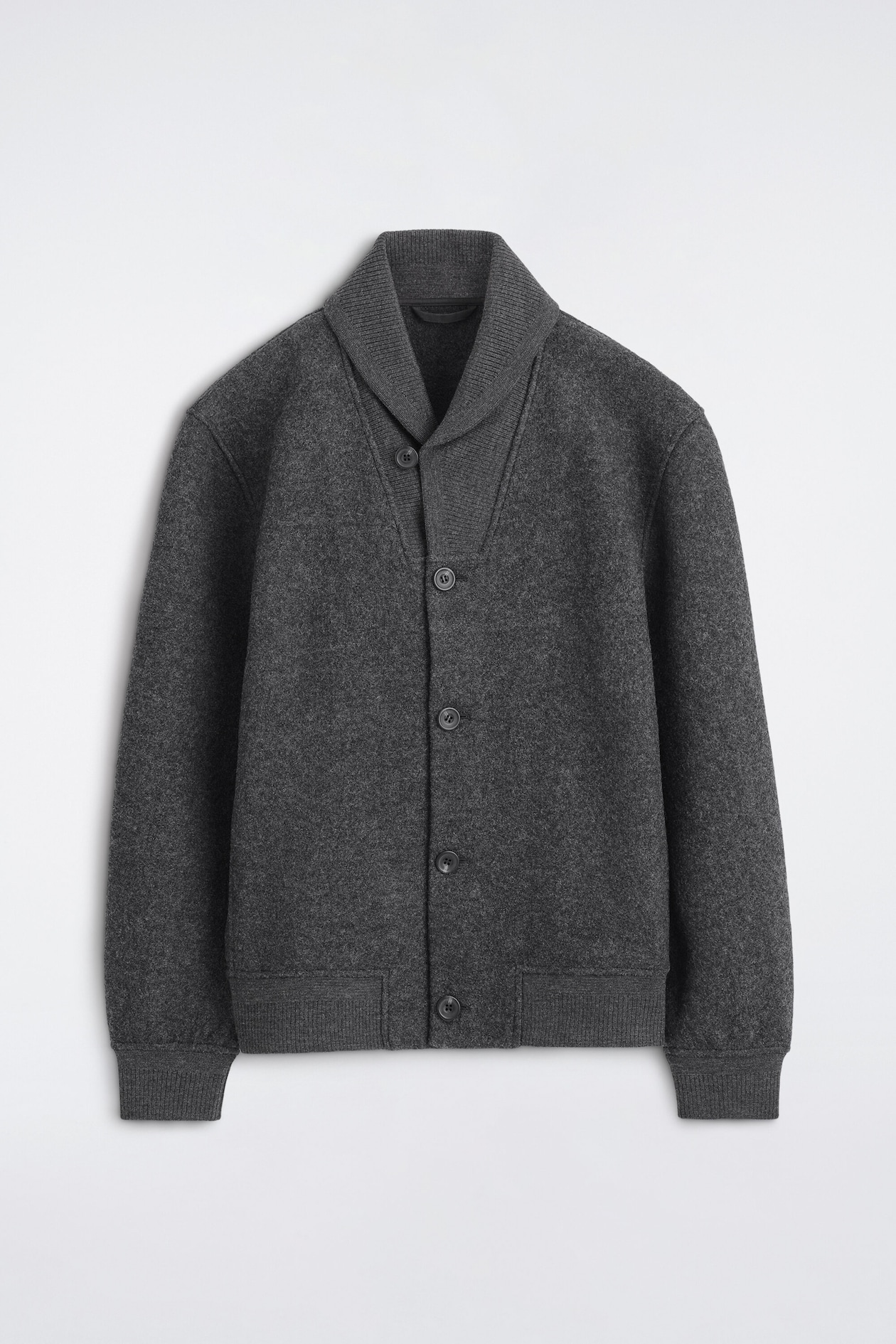 The boiled-wool shawl-collar jacket is shown from the front, showcasing its textured charcoal-gray fabric and structured fit. It features a ribbed shawl collar, a five-button front closure, and ribbed trim at the cuffs and hem.