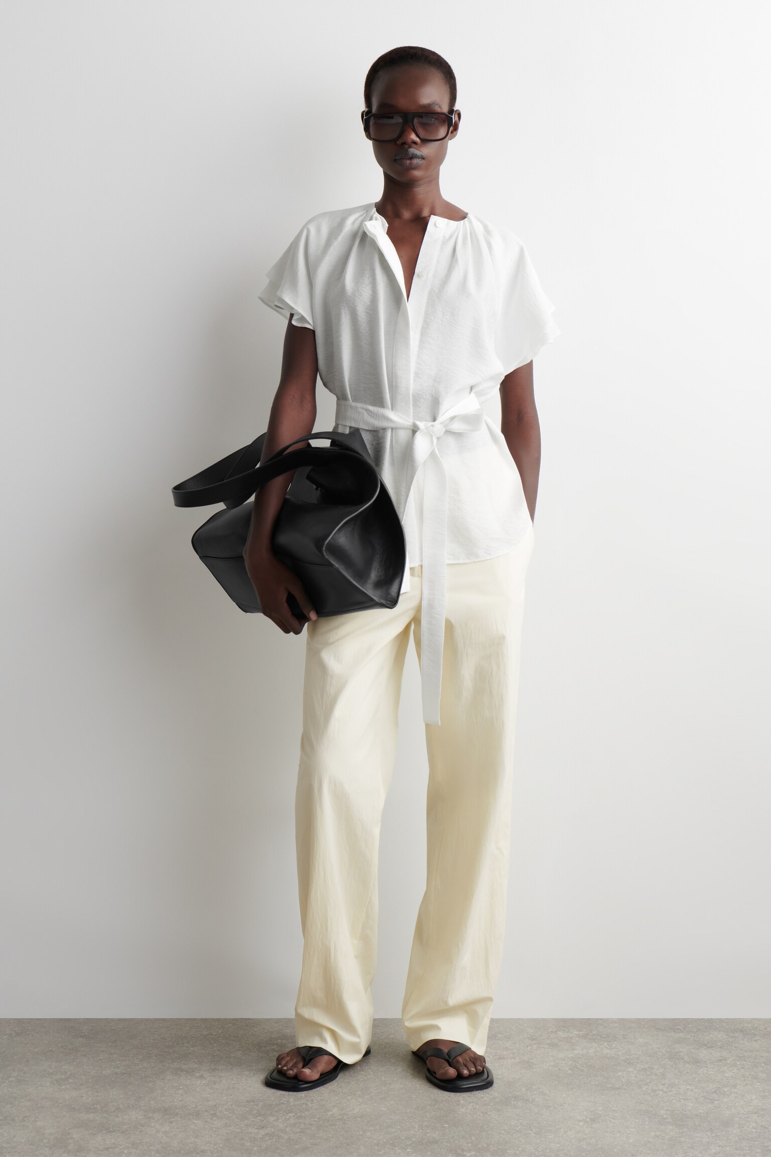 BLUSA A STRATI CON CINTURA - BIANCO/AZZURRO - 4