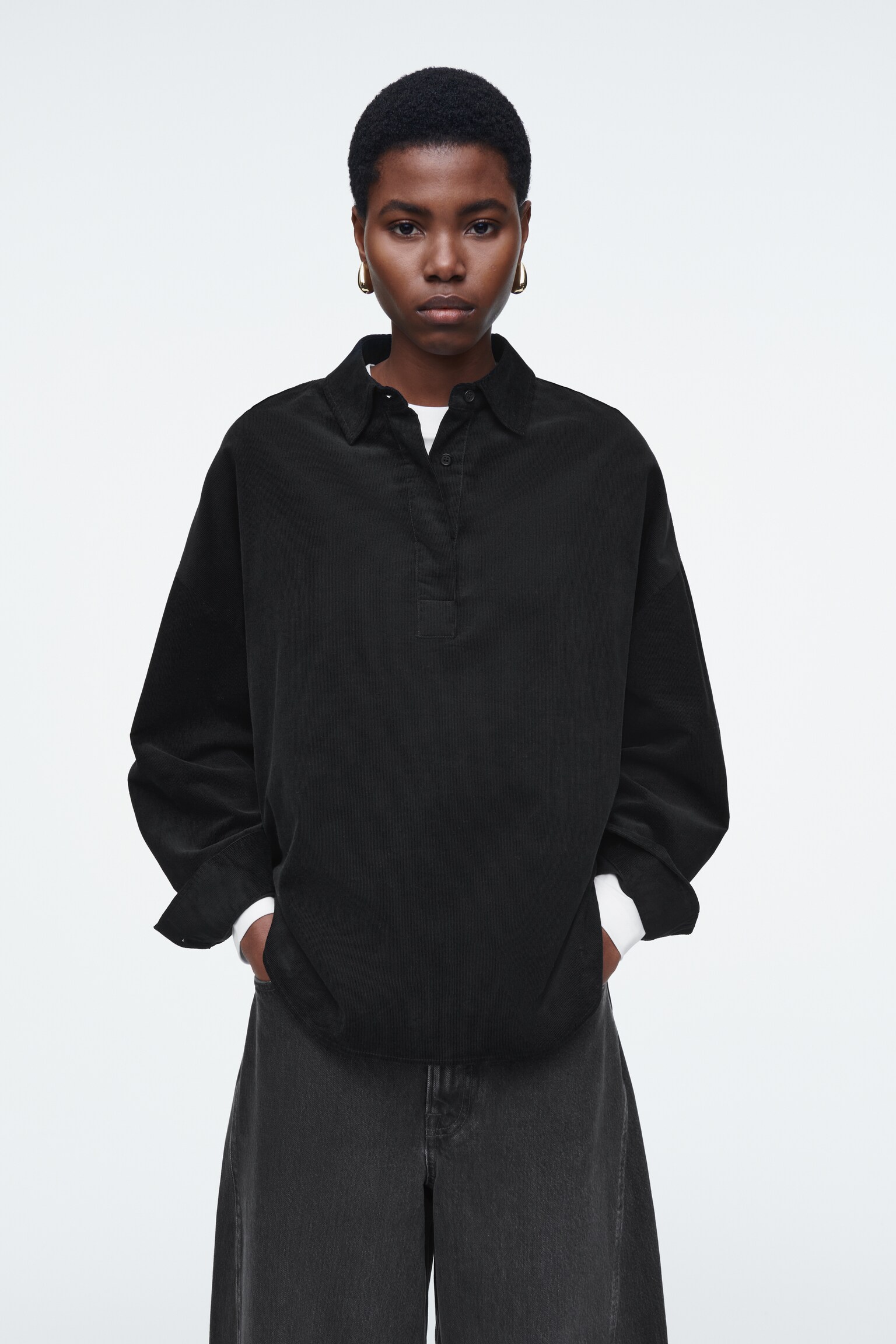 RELAXED CORDUROY HALF-PLACKET SHIRT - BLACK/BEIGE