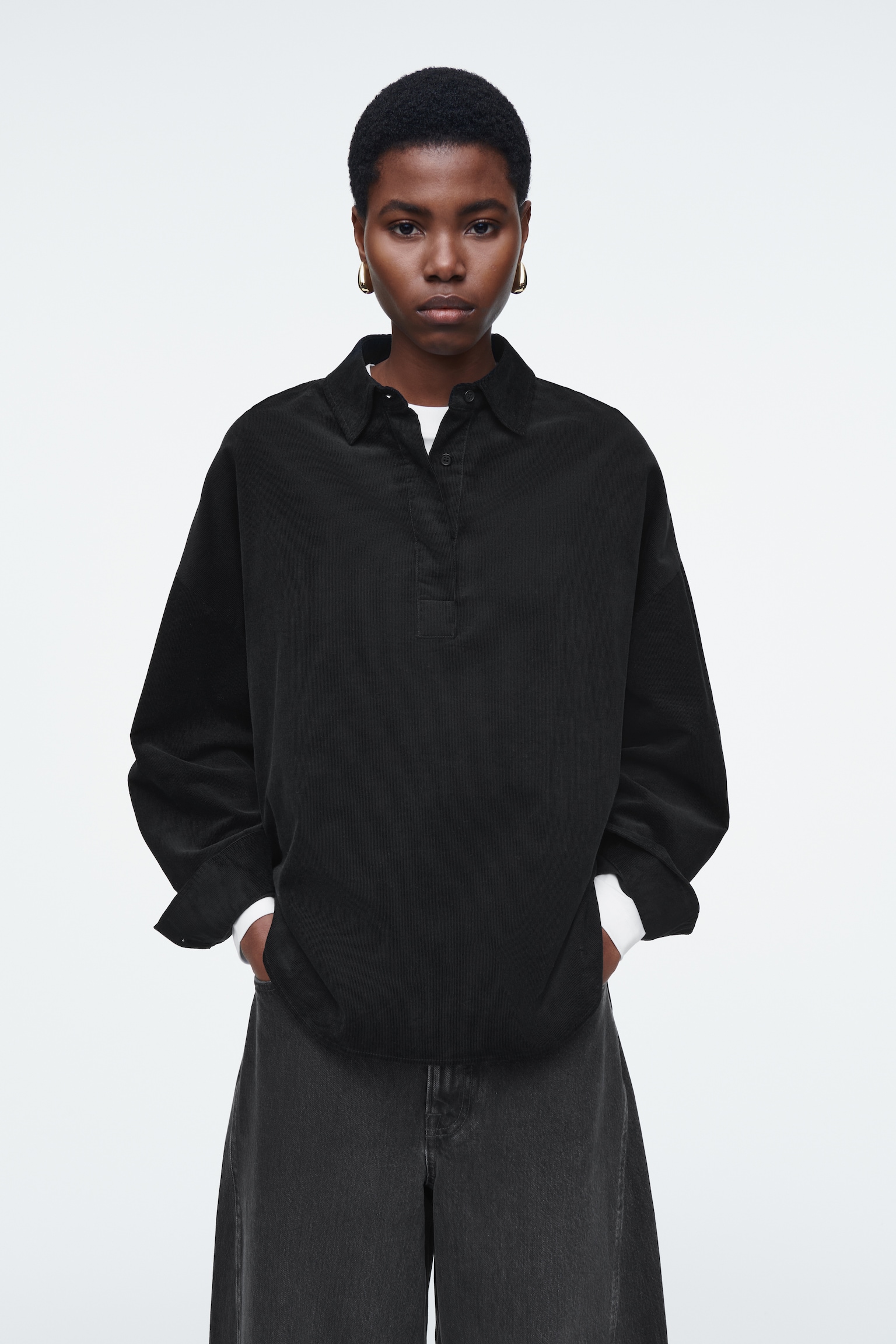 RELAXED CORDUROY HALF-PLACKET SHIRT - BLACK/BEIGE
