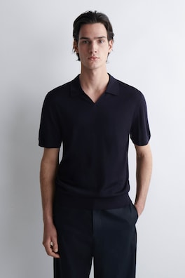 OPEN-COLLAR MERINO WOOL POLO SHIRT — NAVY 1