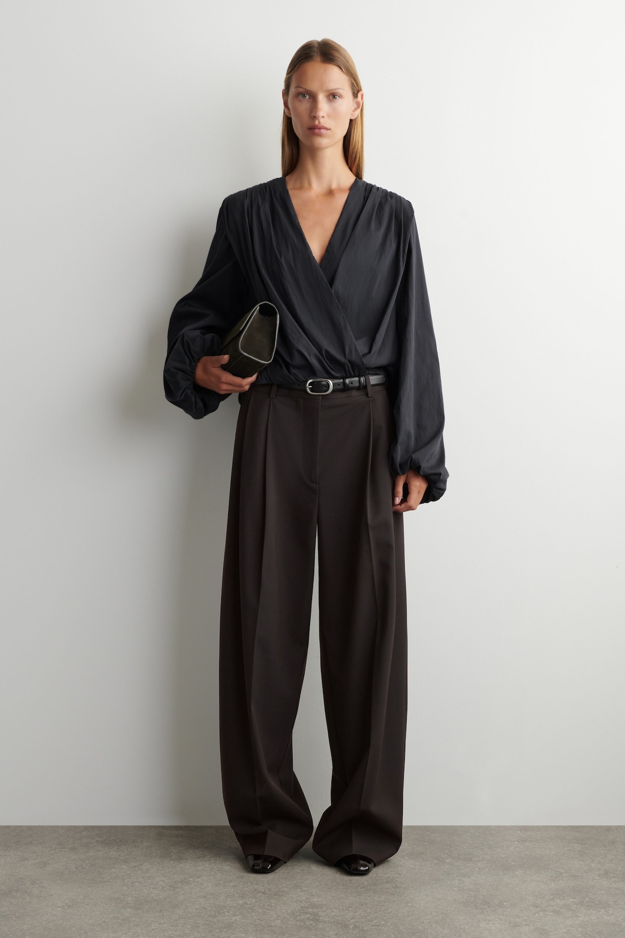 GATHERED WRAP-OVER BLOUSE — CHARCOAL