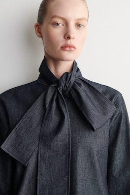 BOW-DETAIL DENIM SHIRT — INDIGO 5