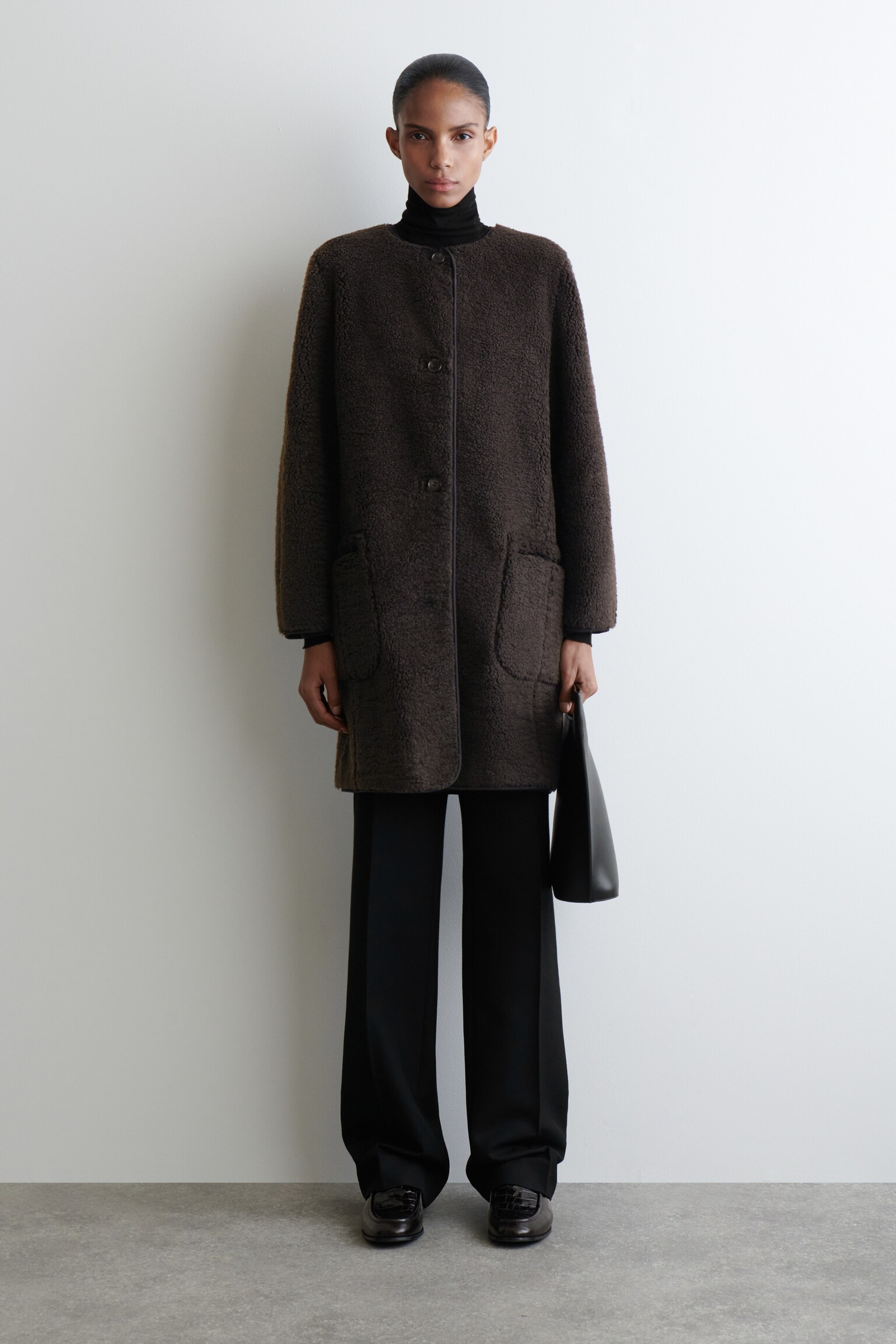 LONGLINE TEDDY JACKET - DARK BROWN/ECRU