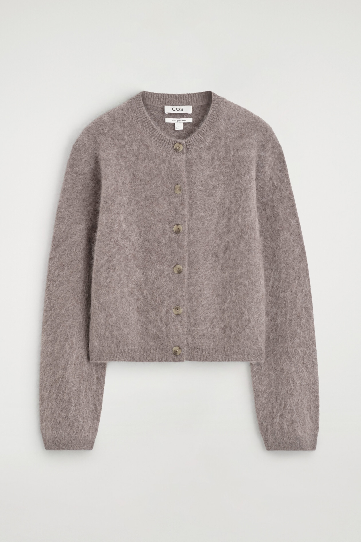 BRUSHED PURE CASHMERE CREW-NECK CARDIGAN — DARK BEIGE