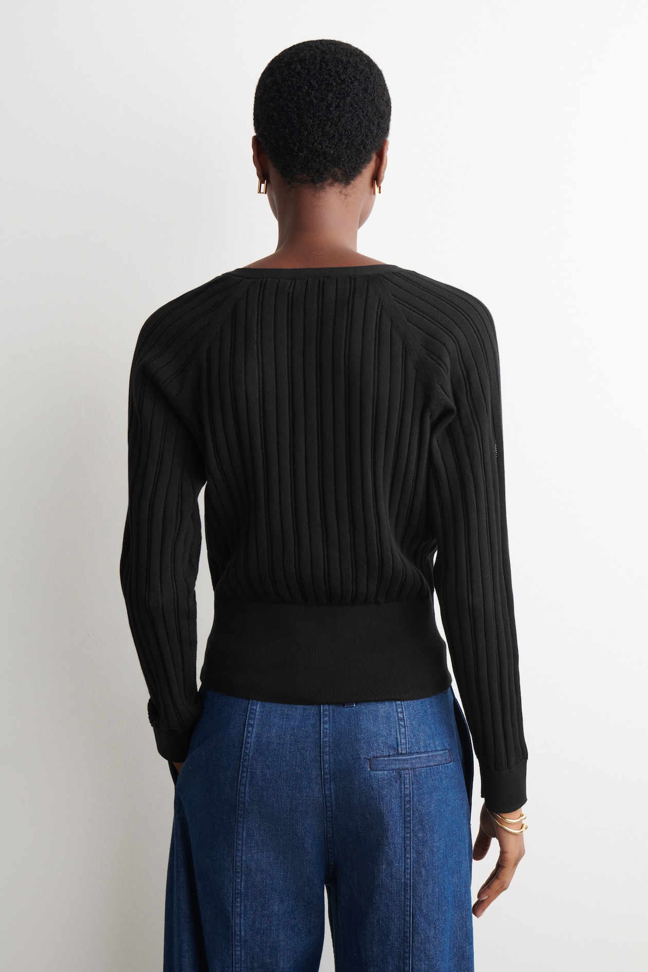 POINTELLE-KNIT COTTON CARDIGAN — BLACK