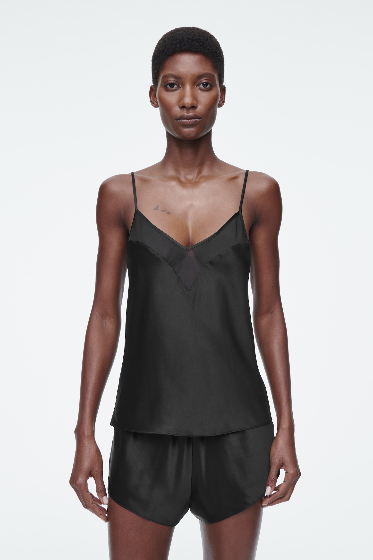 SHEER-PANEL SILK CAMI TOP - BLACK