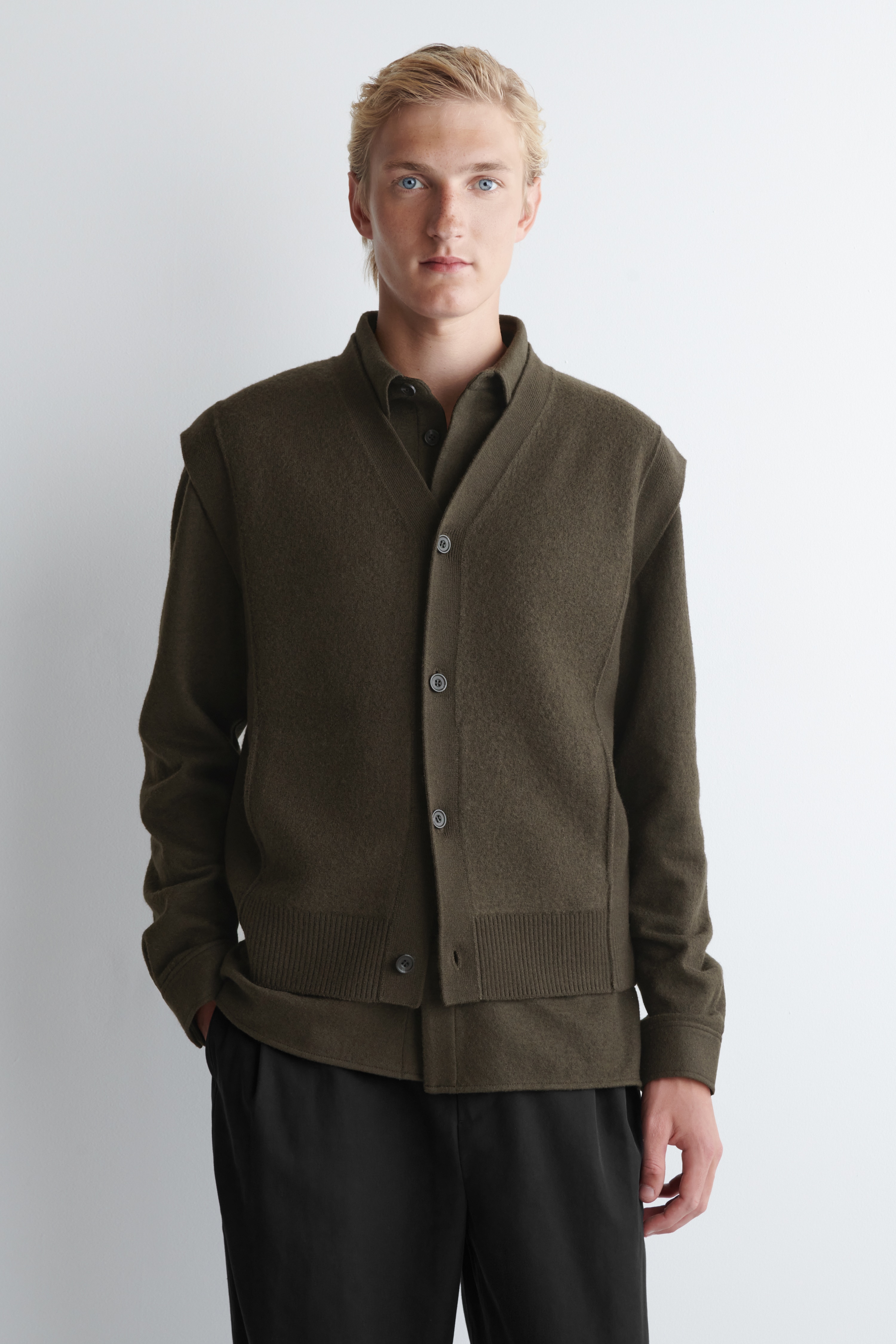 BUTTONED BOILED-WOOL VEST - DARK KHAKI/CHARCOAL