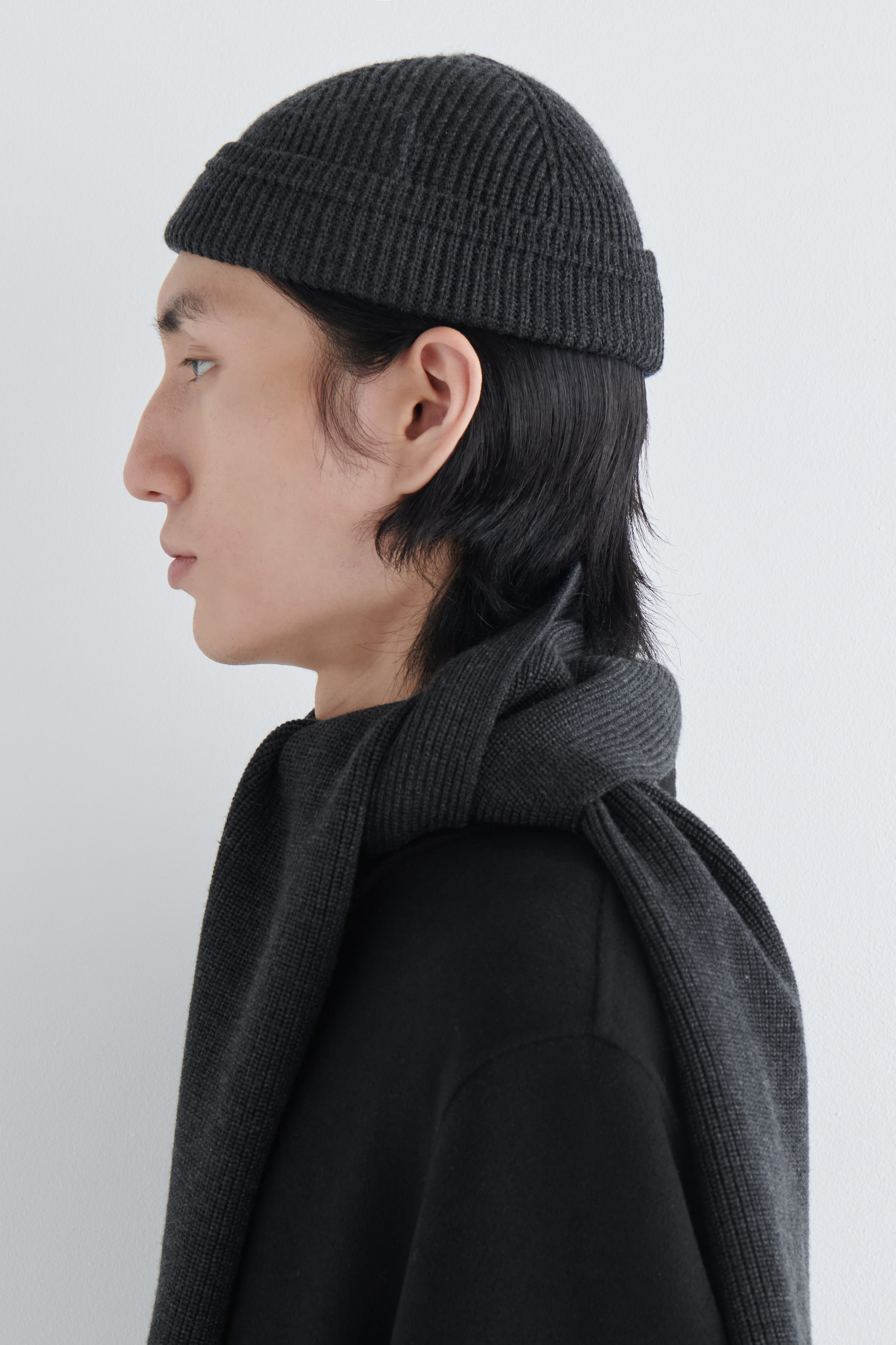 RIBBED WOOL-COTTON FISHERMAN BEANIE - CHARCOAL MÉLANGE | COS