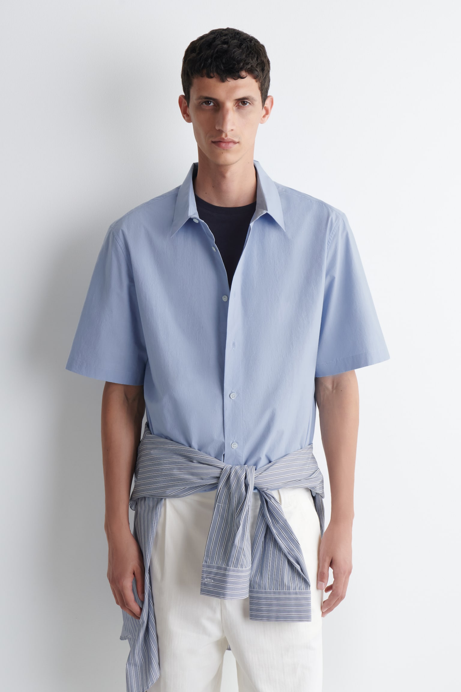 CAMICIA A MANICHE CORTE IN COTONE TAGLIO RILASSATO - AZZURRO/BIANCO - 1