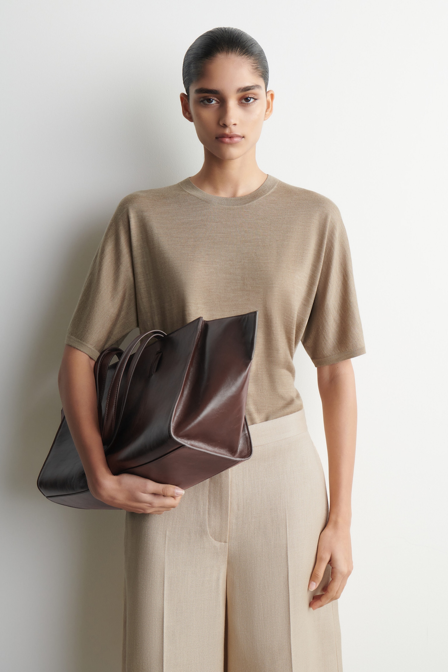 light brown merino wool knit t-shirt by COS styled for a tonal look