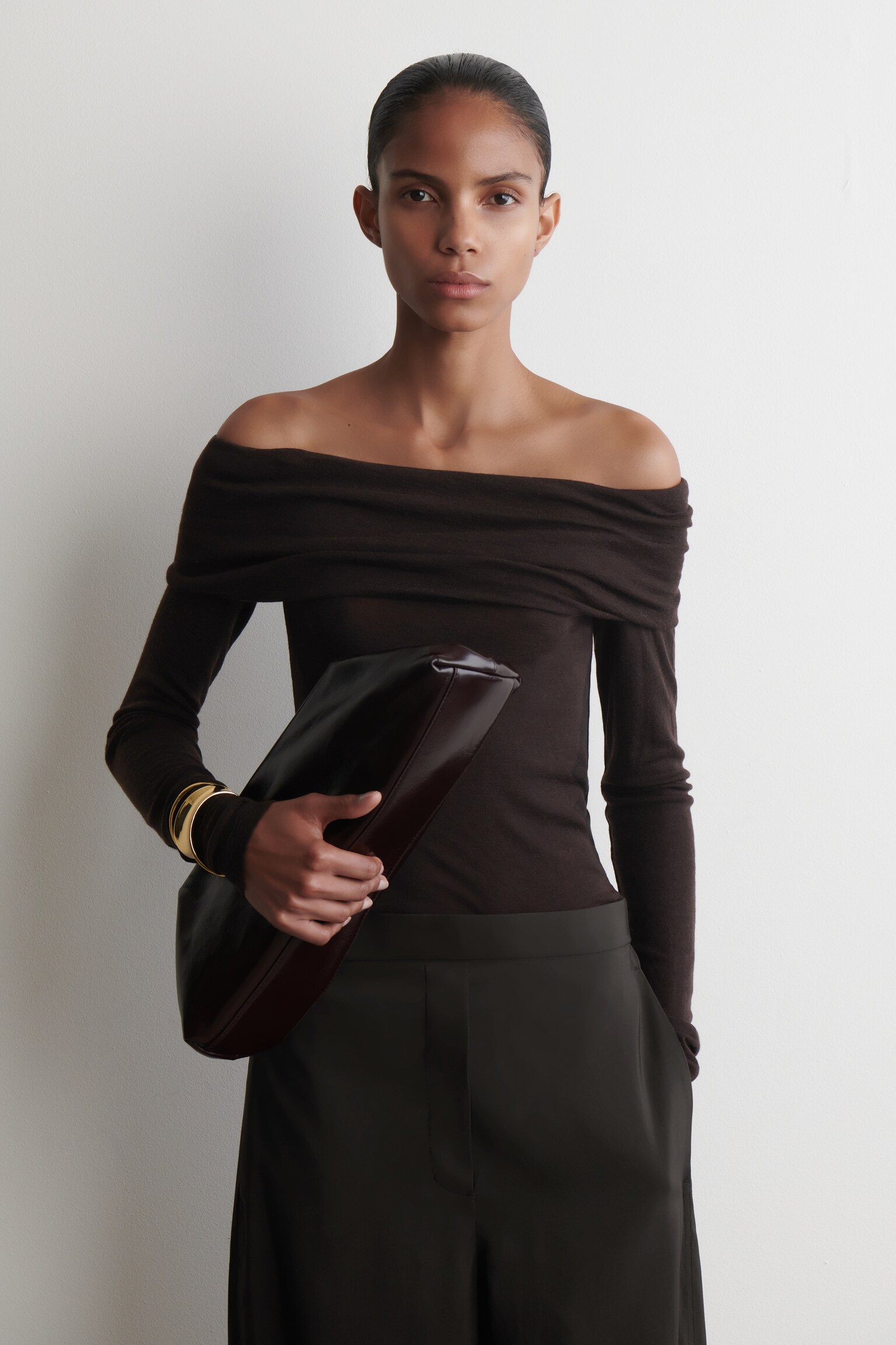 OFF-THE-SHOULDER MERINO WOOL TOP - DARK BROWN/OFF-WHITE/BEIGE - 1