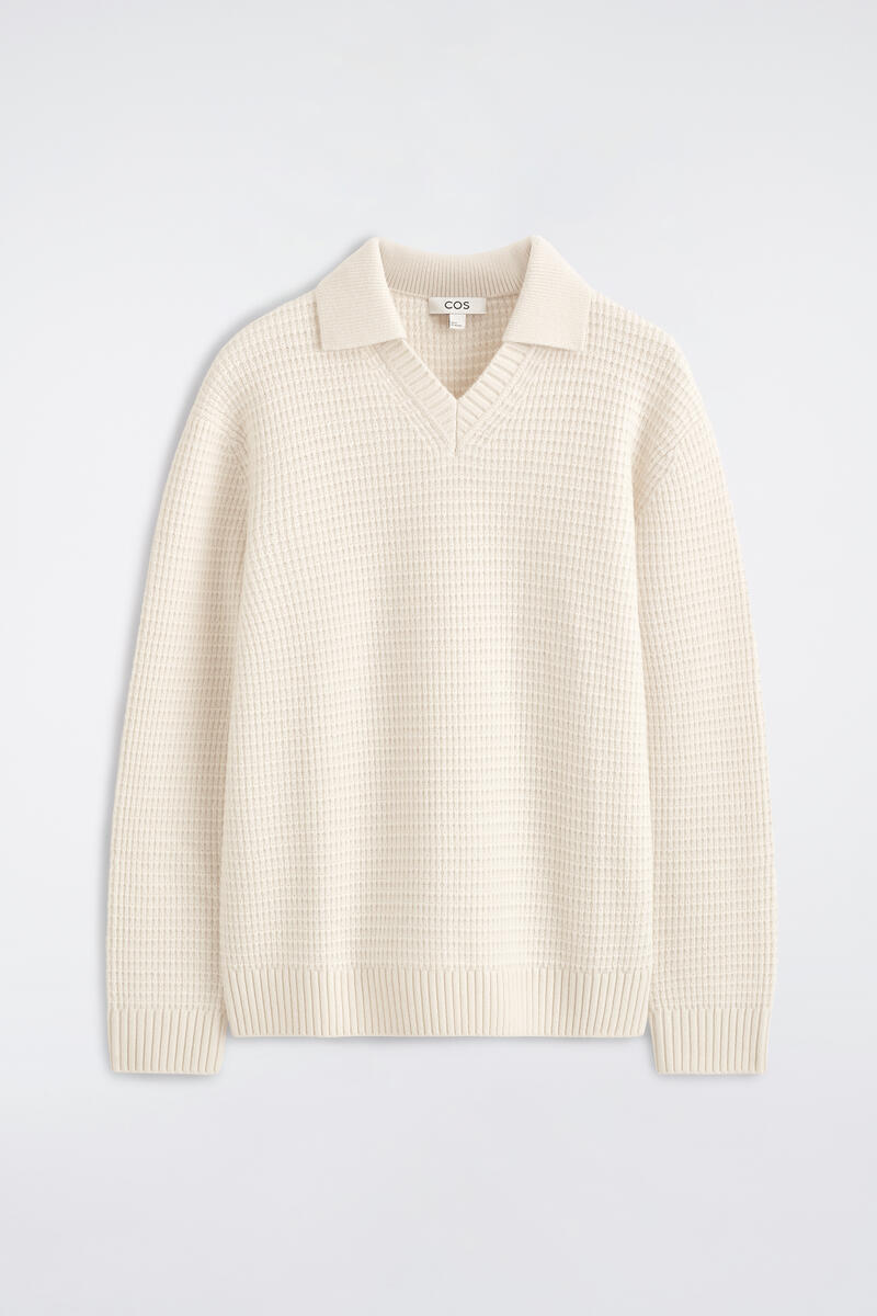 Waffle-Knit Wool Polo Sweater