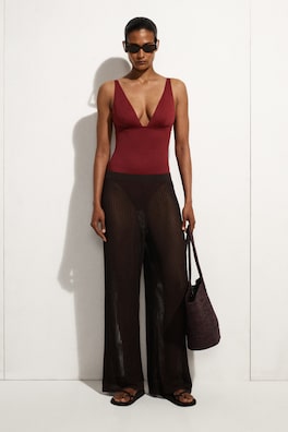 BONDED-SCUBA V-NECK SWIMSUIT — DARK RED 2