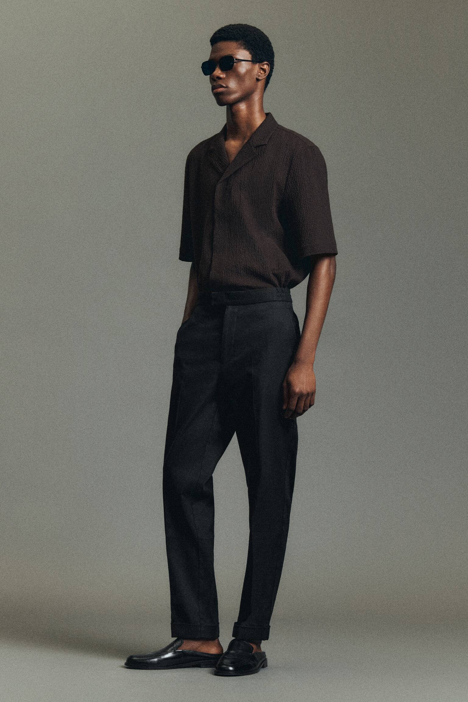 Calças de linho e algodão, corte justo e perna reta - PRETO/BEGE - 3