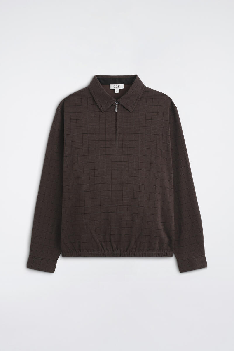 Checked Cotton-Jacquard Zip-Up Polo Shirt in Brown