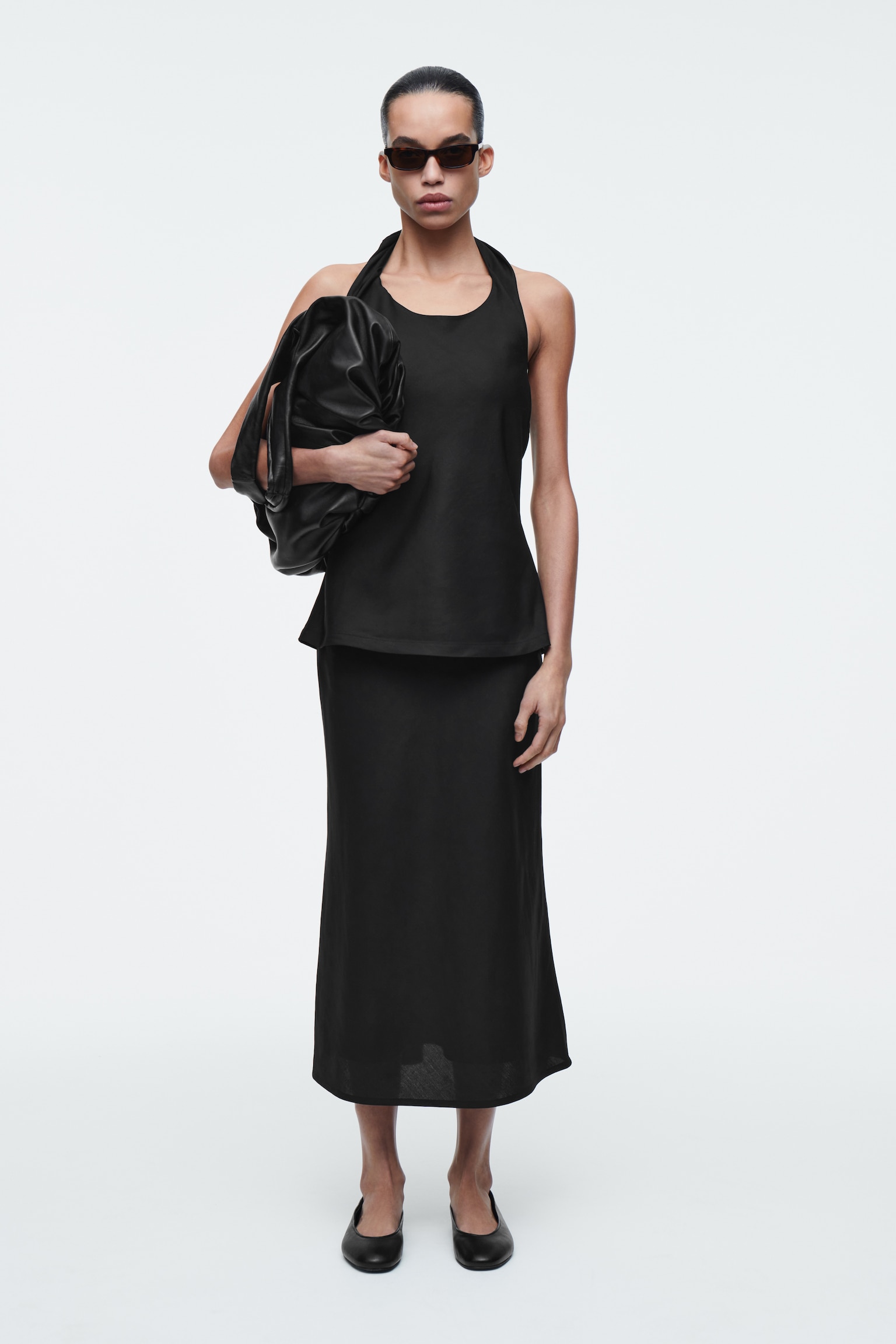 LINEN-BLEND MIDI COLUMN SKIRT - BLACK/LIGHT PINK