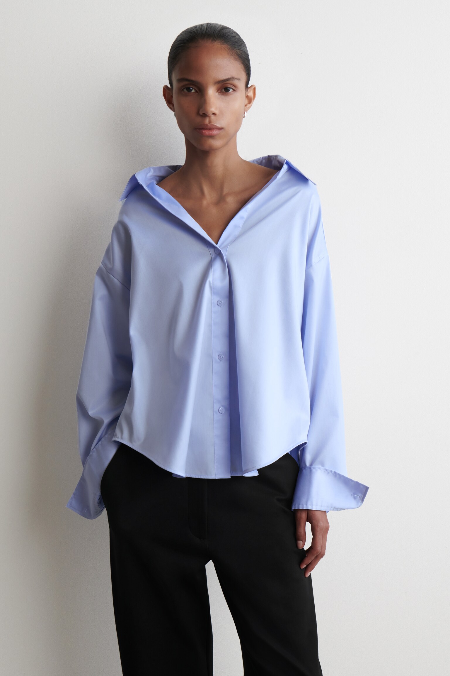 OPEN-COLLAR COTTON SHIRT - LIGHT BLUE/WHITE - 5