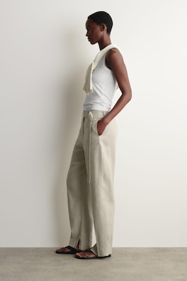 BELTED LINEN BARREL-LEG TROUSERS — BEIGE 2