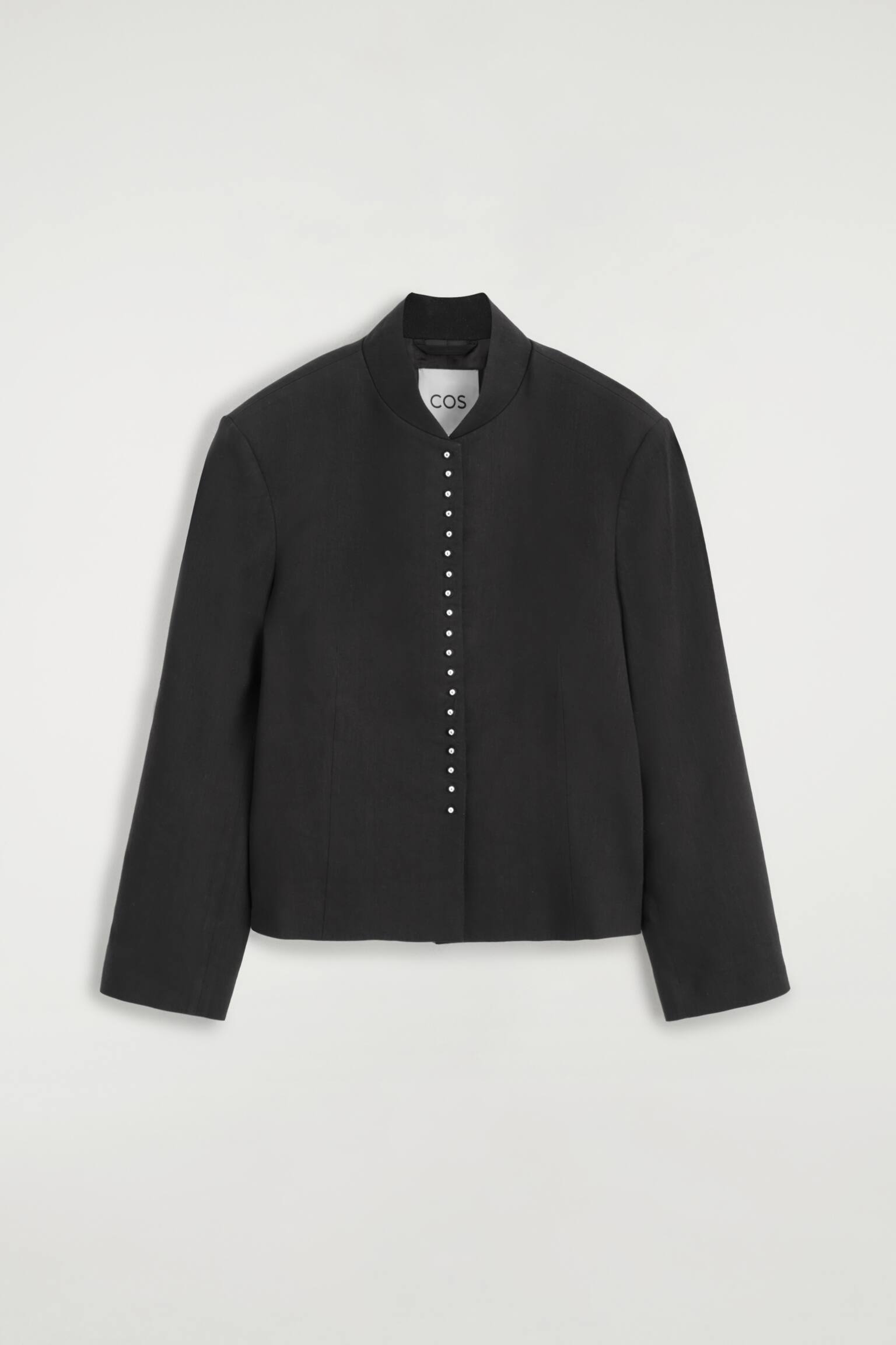 STUD-DETAIL CROPPED LINEN BLAZER - BLACK - 1