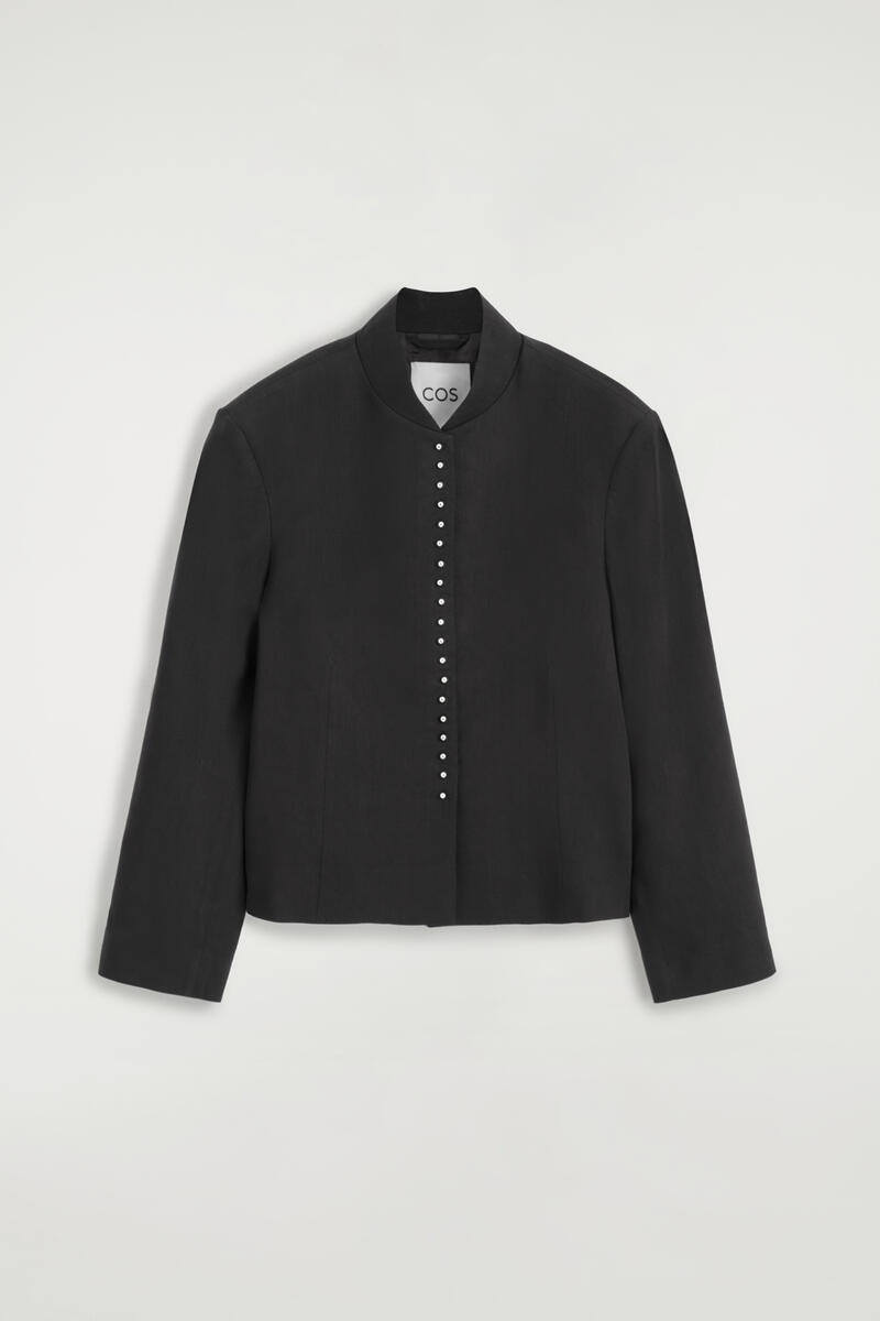 Stud-Detail Cropped Linen Blazer