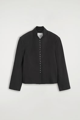 STUD-DETAIL CROPPED LINEN BLAZER — BLACK 8