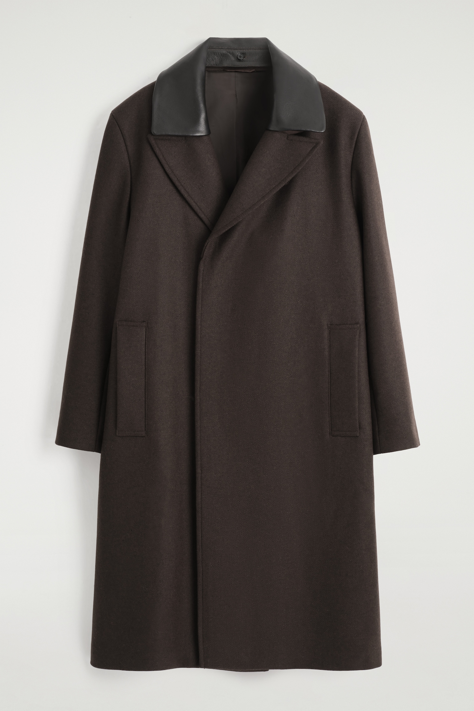 MANTEAU EN LAINE À COL EN CUIR - BRUN FONCÉ - 2