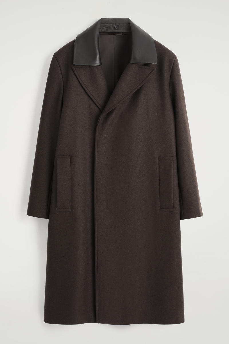 Cos Leather-collar Wool Coat In Brown