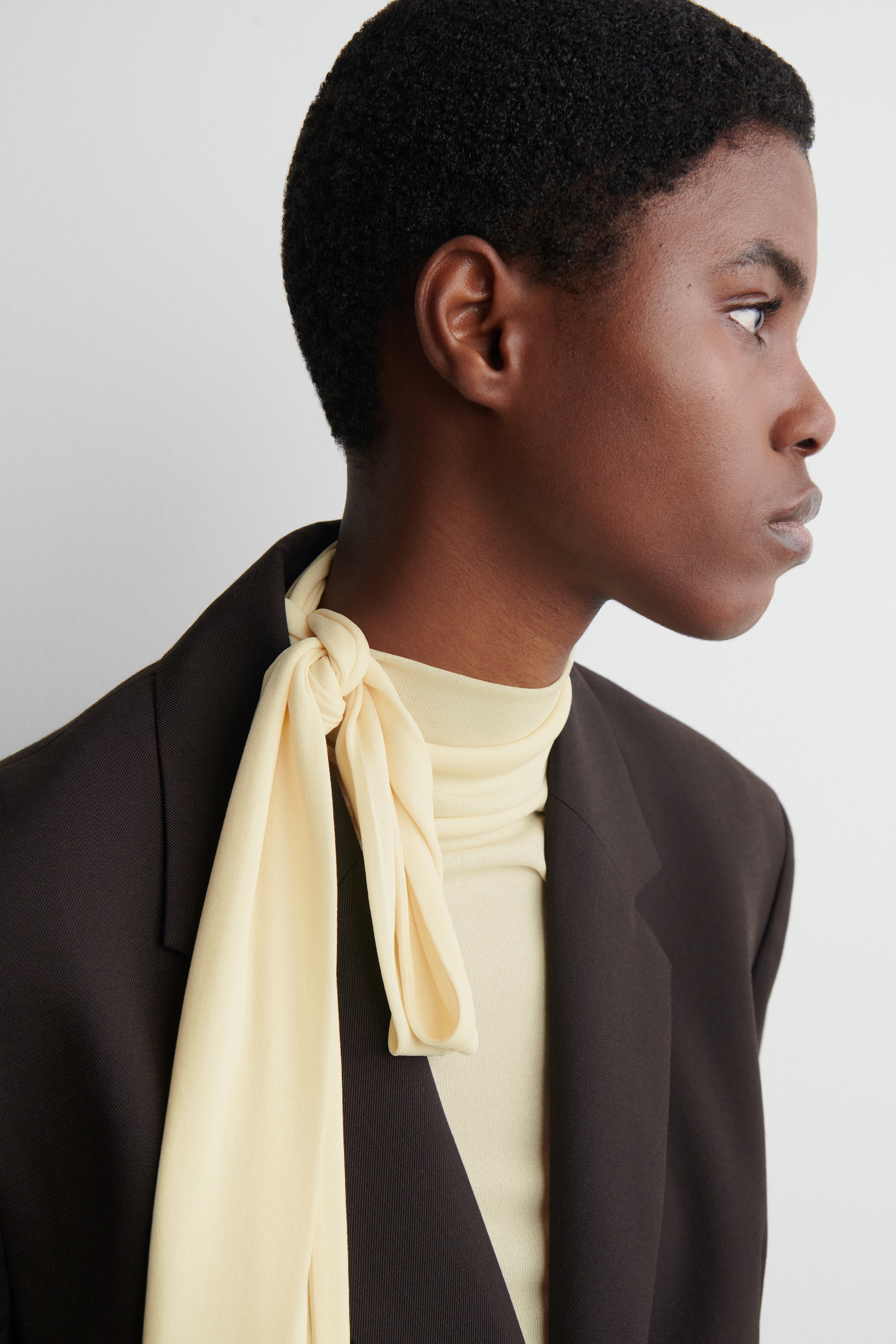 Agrandir l'image: Un blazer marron foncé est superposé à un col roulé côtelé jaune clair. Une écharpe jaune clair assortie est nouée autour du cou, avec ses longues extrémités drapées sur le blazer.
