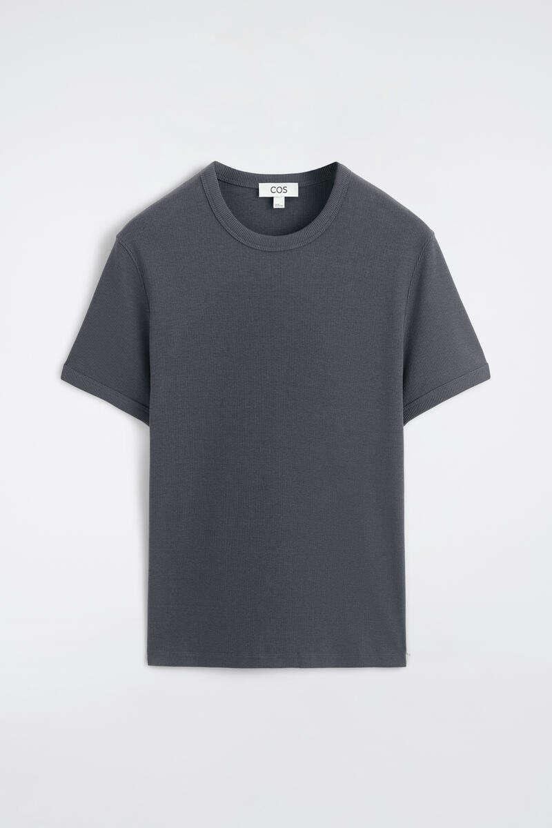 COS Slim Ribbed Cotton T-Shirt In Dark Grey Men's Extra Large