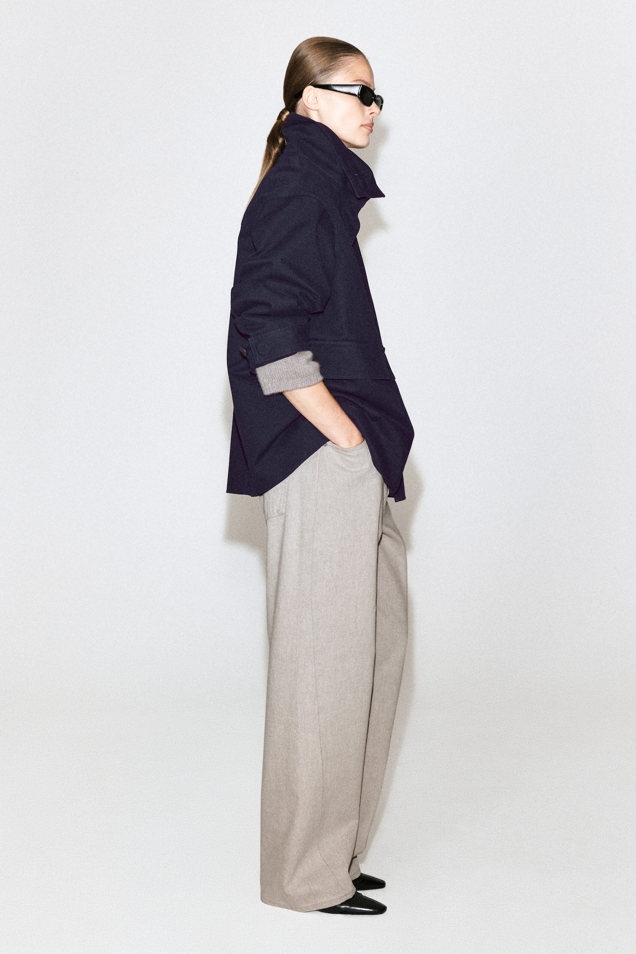 COTTON-TWILL MOCK-NECK JACKET — NAVY