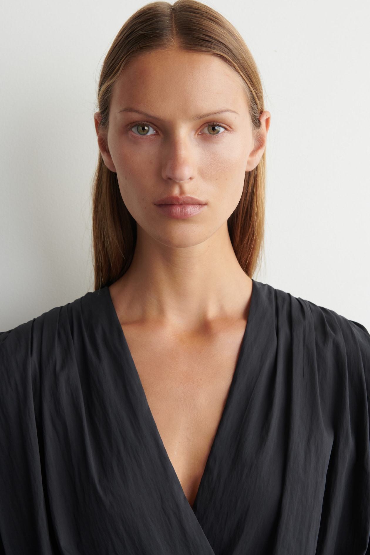 GATHERED WRAP-OVER BLOUSE — CHARCOAL