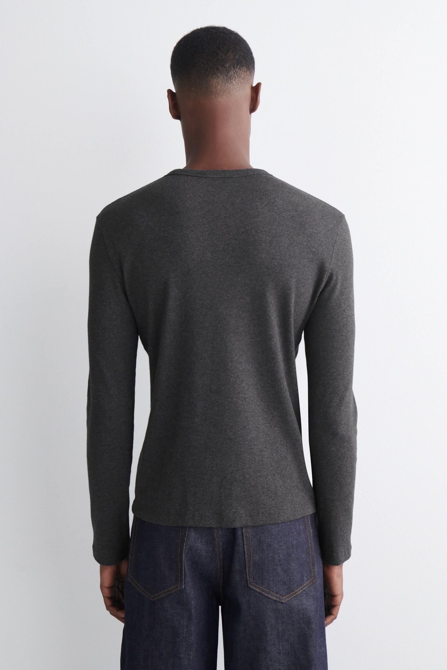 SLIM RIBBED COTTON LONG-SLEEVED T-SHIRT - MELANJ GRIGIU ÎNCHIS/BLACK/ALB - 8