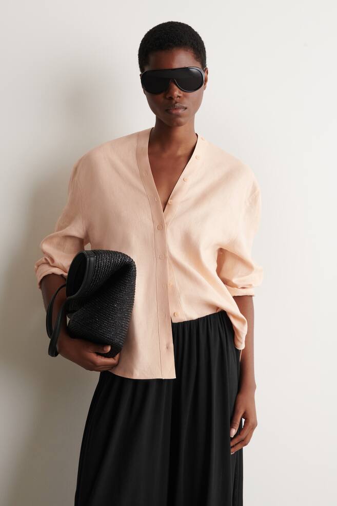 BUTTON-DETAIL LINEN V-NECK SHIRT - PEACH/YELLOW/WHITE - 1