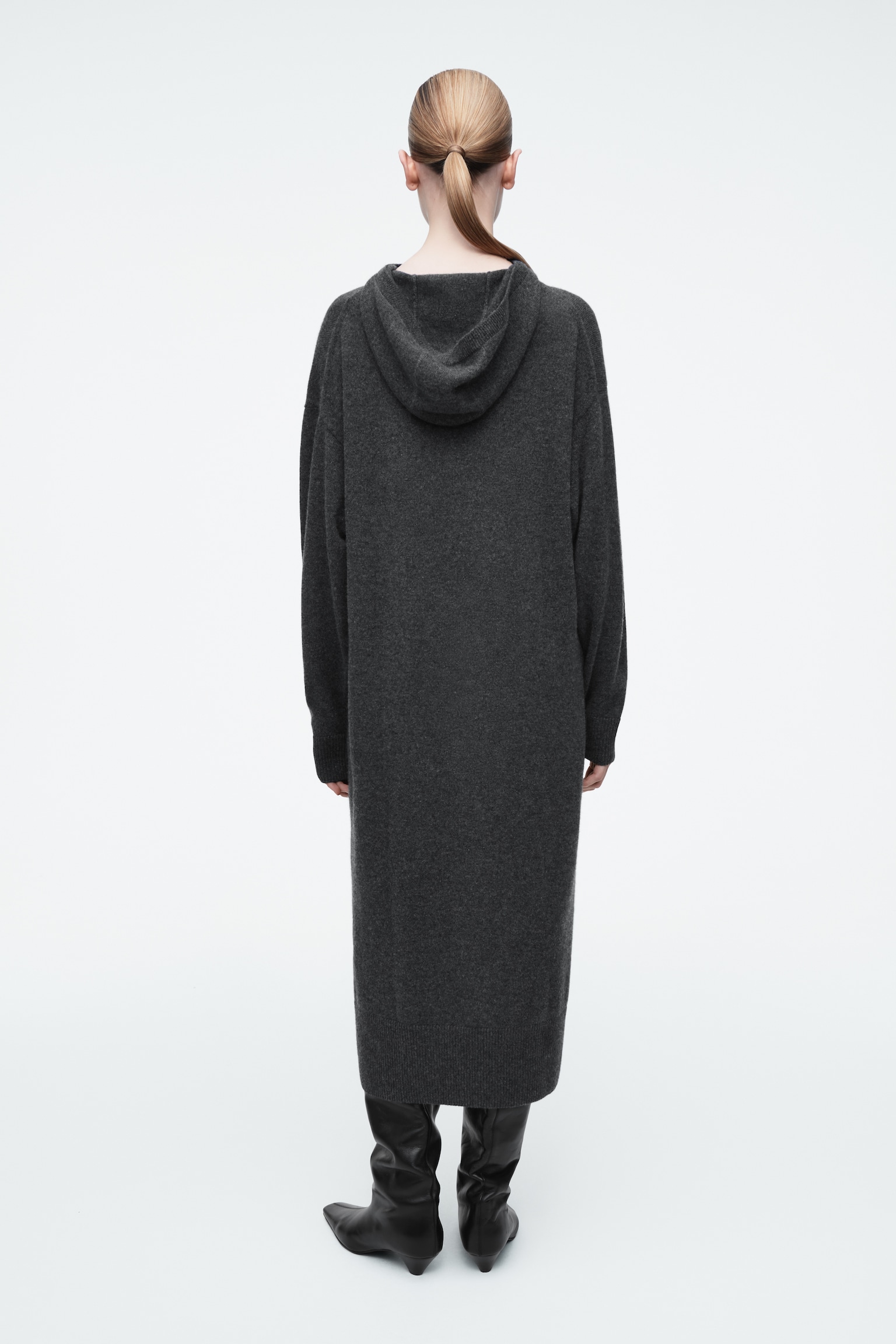 VESTIDO LARGO DE LANA MERINO CON CAPUCHA - GRIS OSCURO - 3