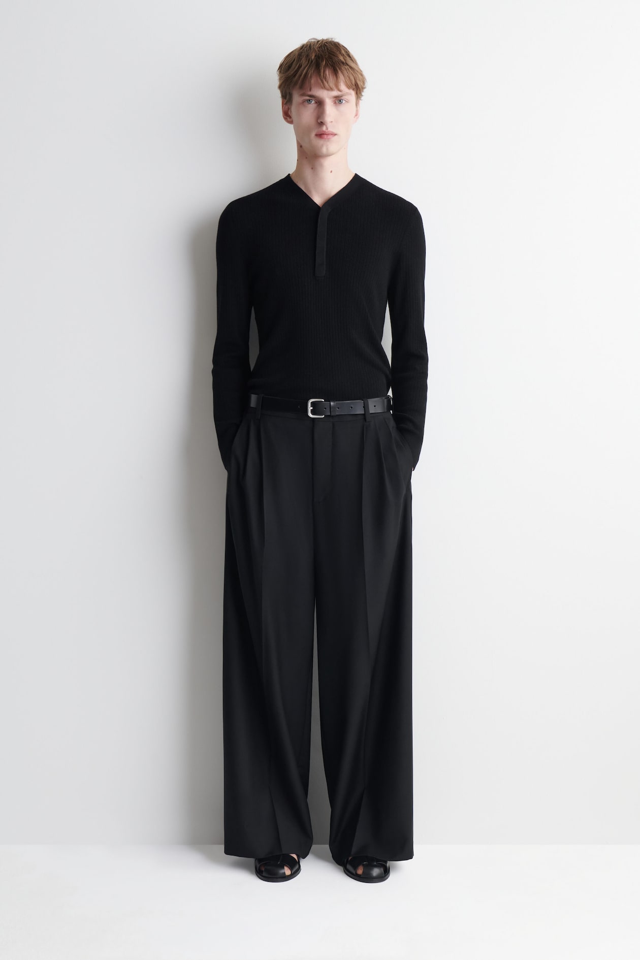 MERINO-LYOCELL RIBBED-KNIT HENLEY TOP — BLACK