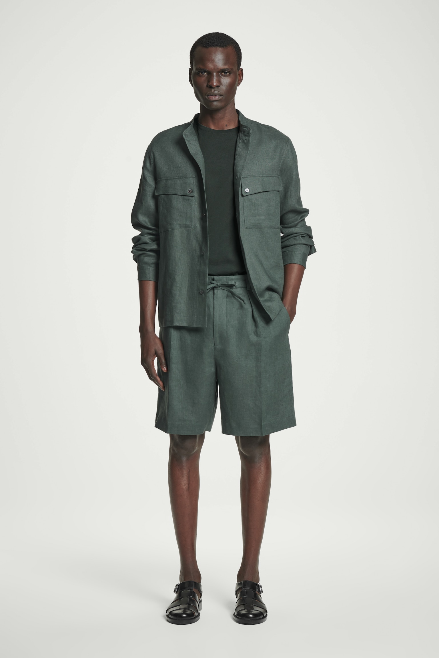TAILORED DRAWSTRING LINEN SHORTS - DARK GREEN/BEIGE / UNDYED/NAVY