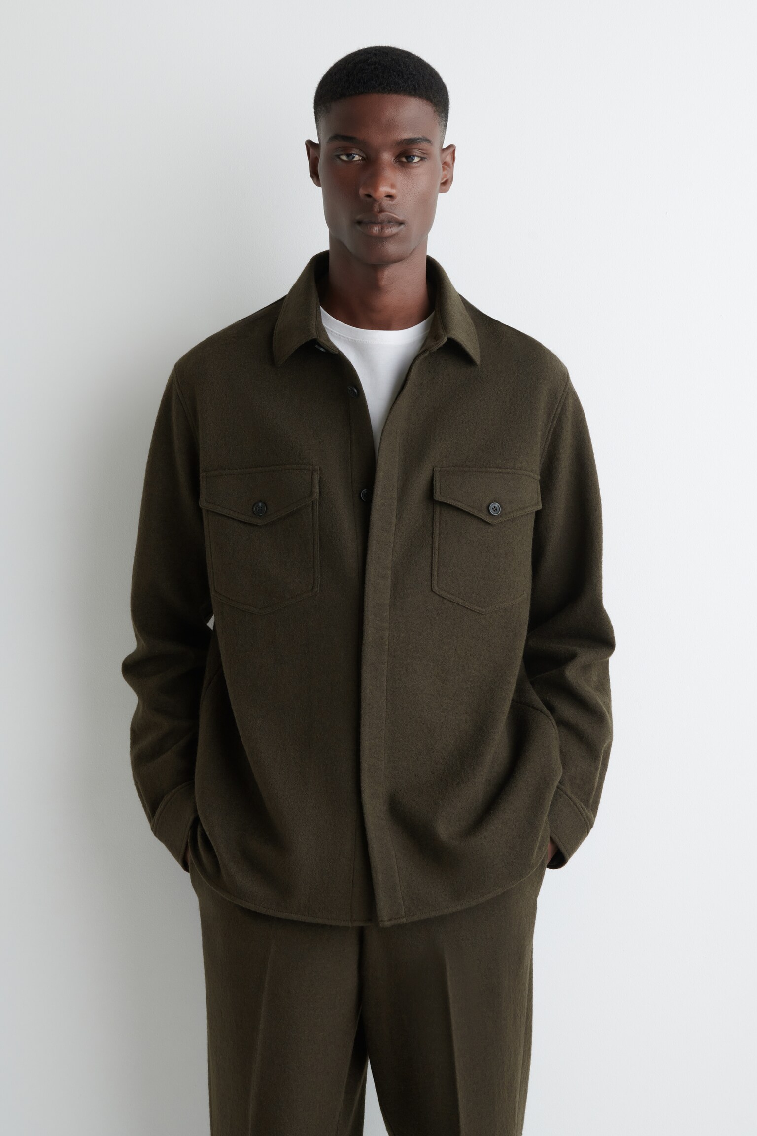 OVERSHIRT IN LANA COTTA DAL TAGLIO RILASSATO - KAKI SCURO/NERO/MARRONE SCURO