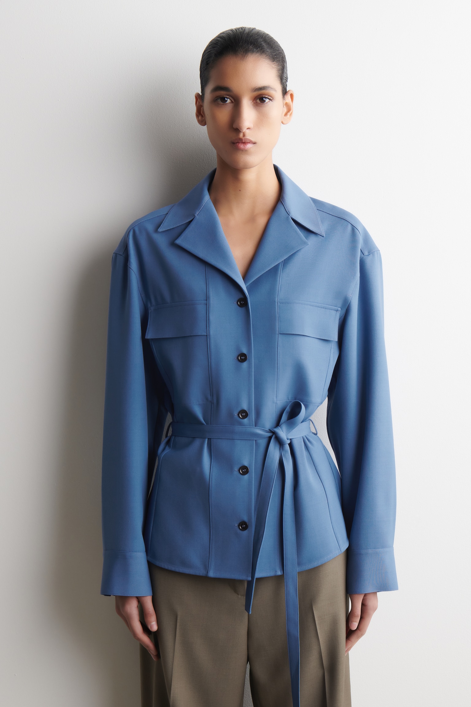 CHEMISE WORKWEAR CEINTURÉE EN MÉRINOS MÉLANGÉ - BLEU - 1