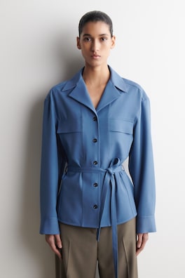 BELTED MERINO WOOL BLEND UTILITY SHIRT — BLUE 1
