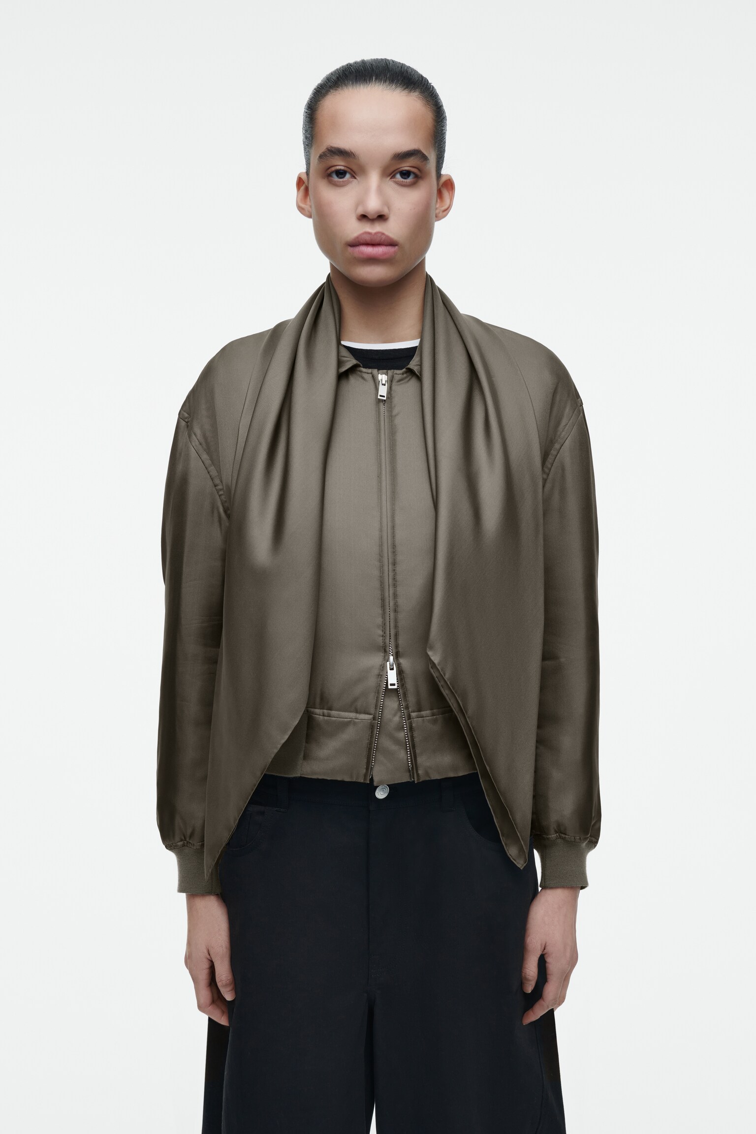 SCARF-DETAIL PADDED SILK BOMBER JACKET - BRONZE - 7