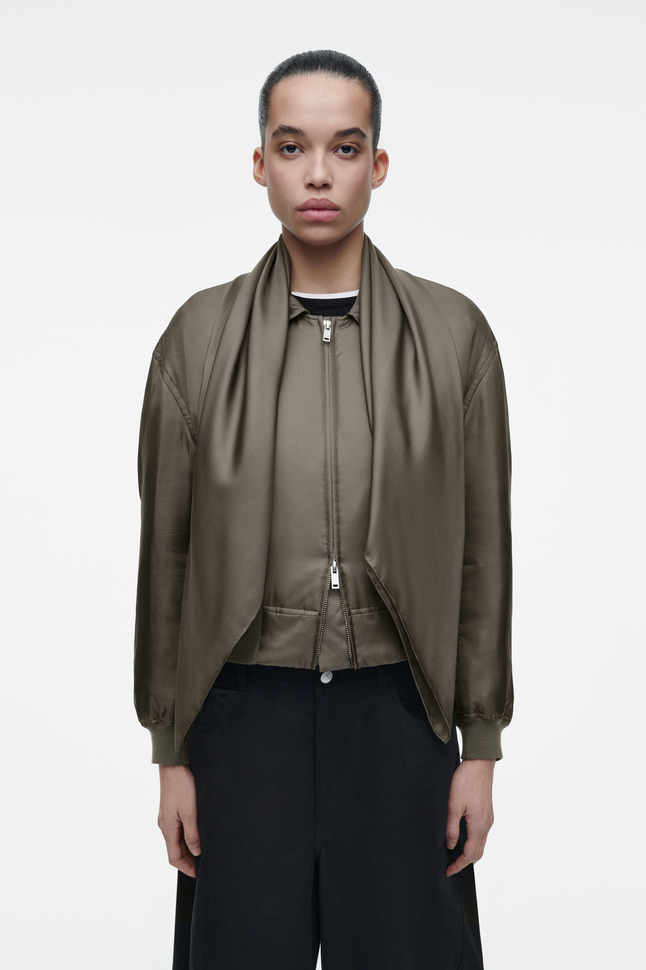 SCARF-DETAIL PADDED SILK BOMBER JACKET