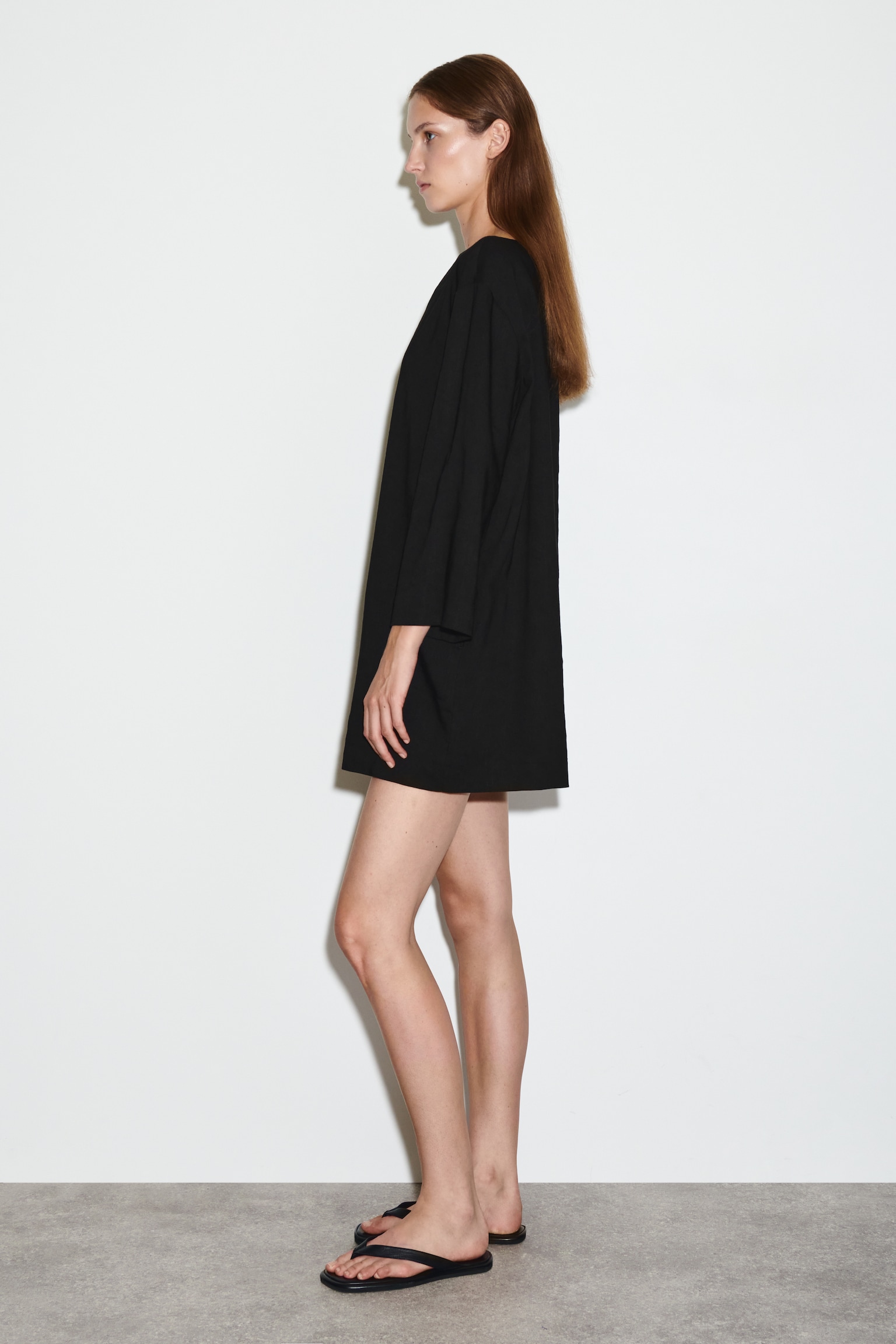 ABITO MINI A TRAPEZIO IN LINO - NERO/MARRONE - 5