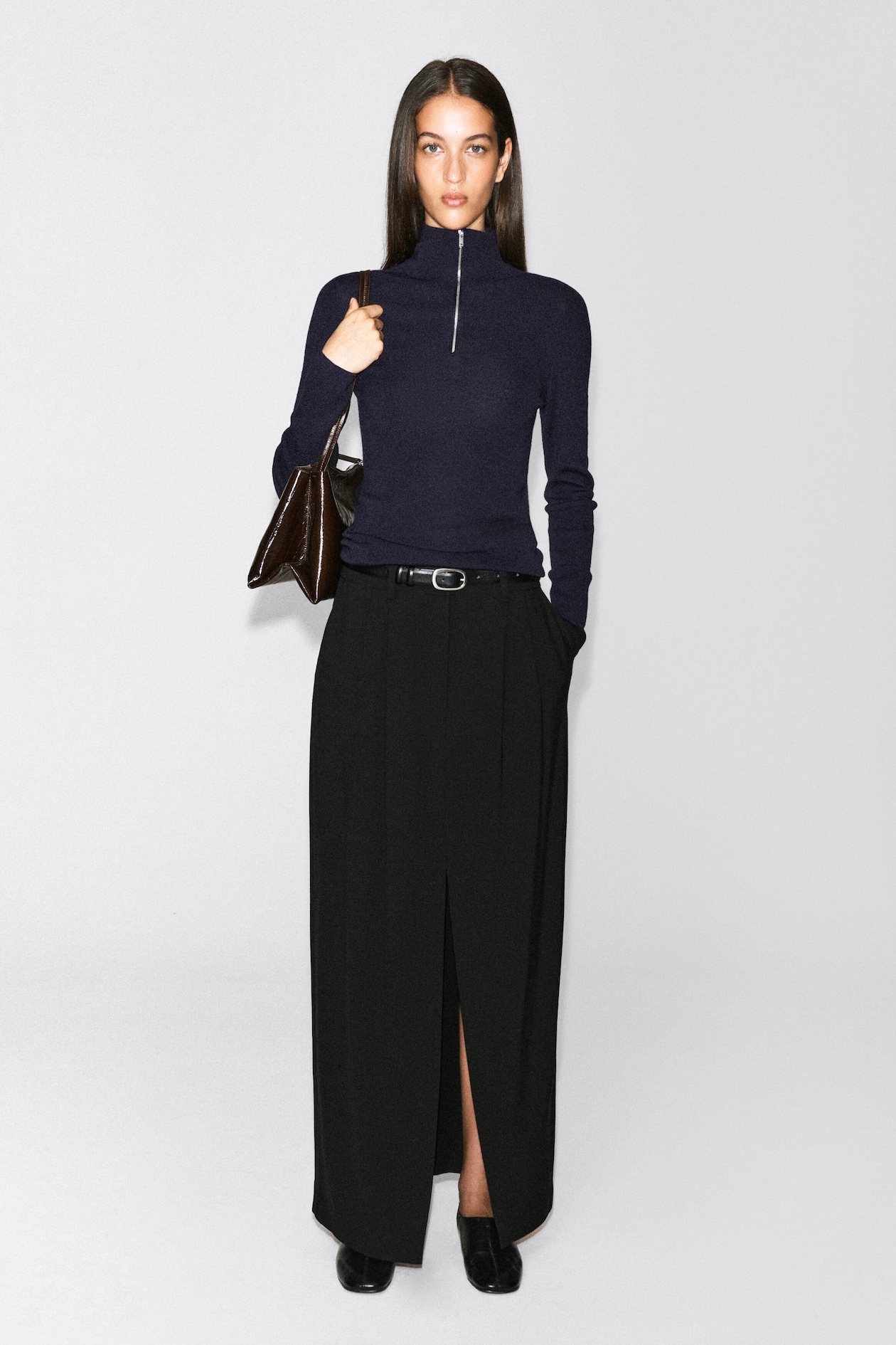 SEAMLESS MERINO WOOL ZIP-UP TOP — NAVY