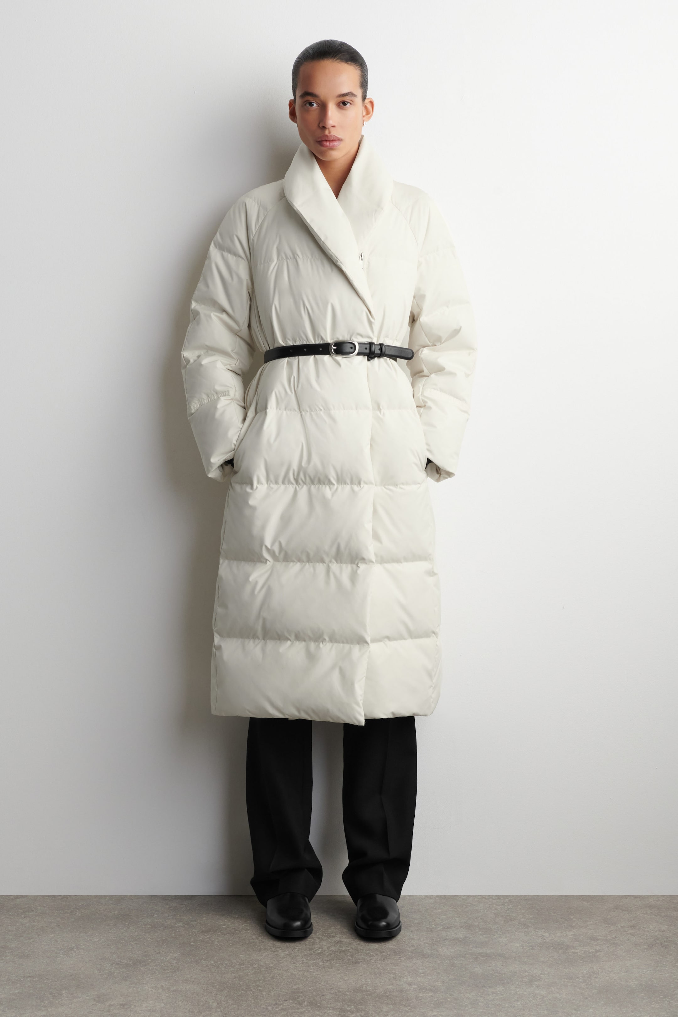 SHAWL-COLLAR QUILTED DOWN LONG COAT